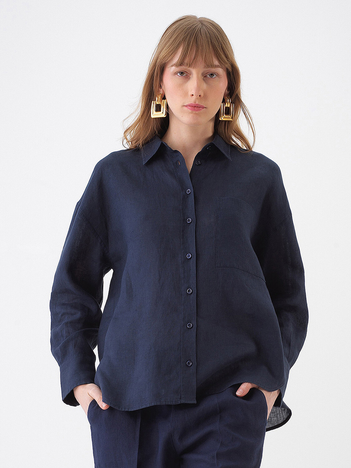 Lacivert %100 Keten Oversize Gömlek