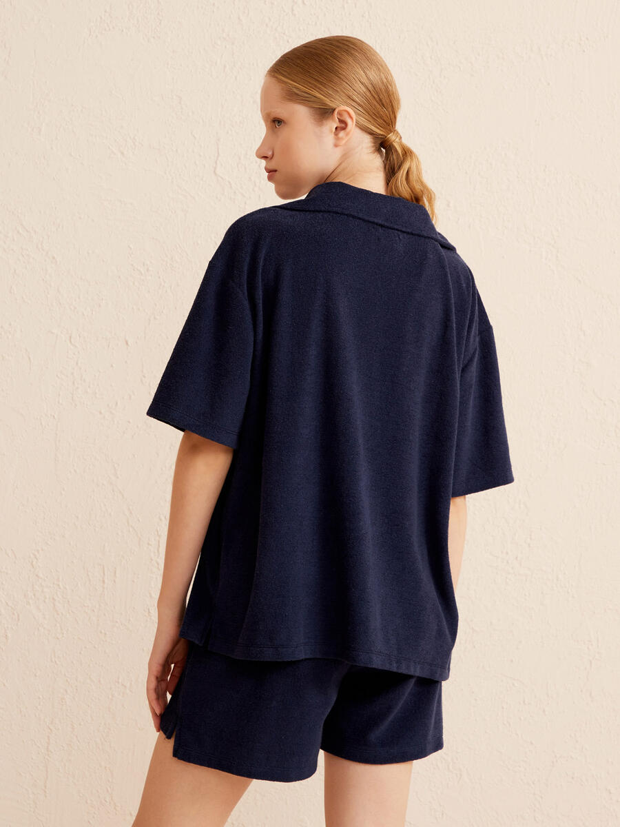 Lacivert Oversize Pamuklu Havlu Gömlek - 4