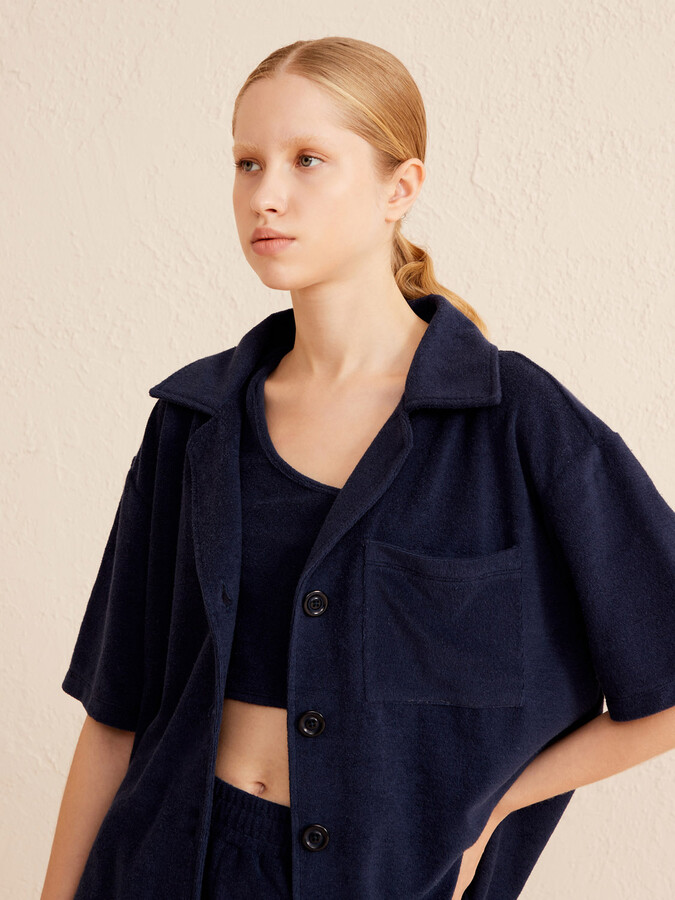 Lacivert Oversize Pamuklu Havlu Gömlek