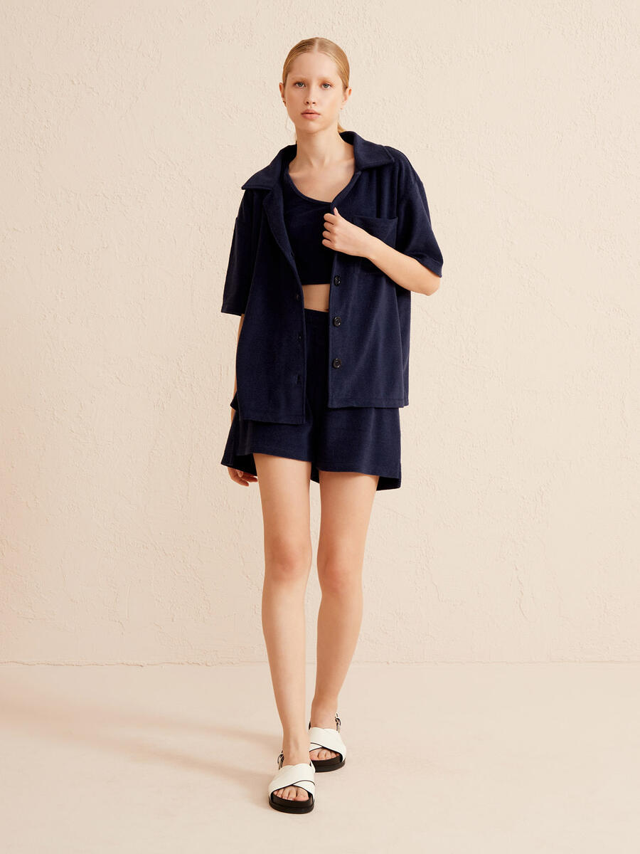 Lacivert Oversize Pamuklu Havlu Gömlek - 2