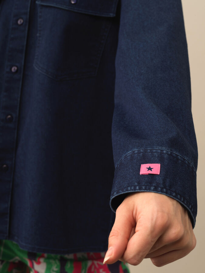 Lacivert Pamuk Dokulu Oversize Gömlek - Xint