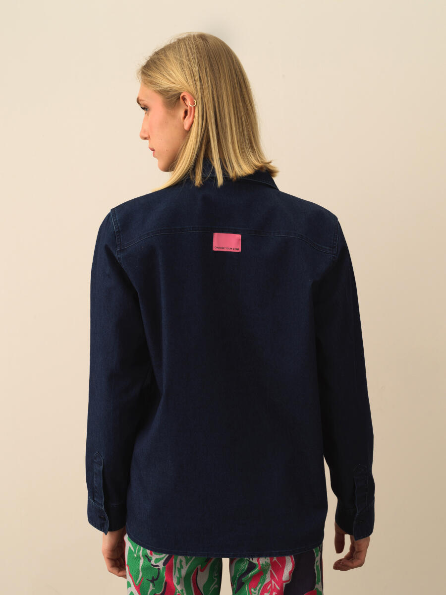 Lacivert Pamuk Dokulu Oversize Gömlek - 4