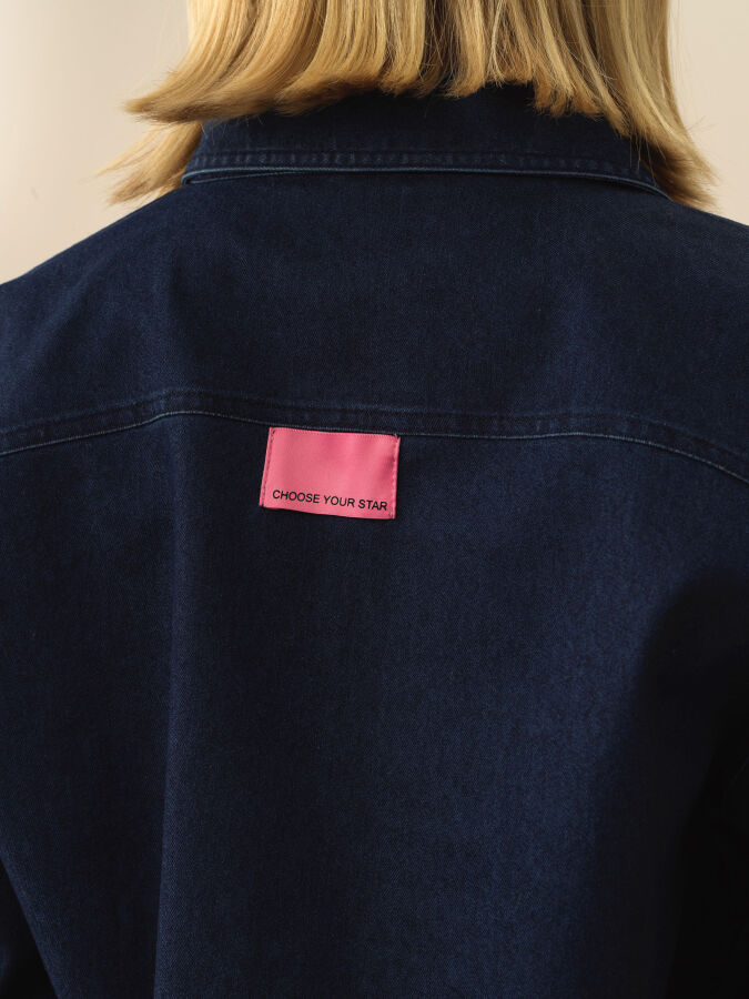 Lacivert Pamuk Dokulu Oversize Gömlek - Xint