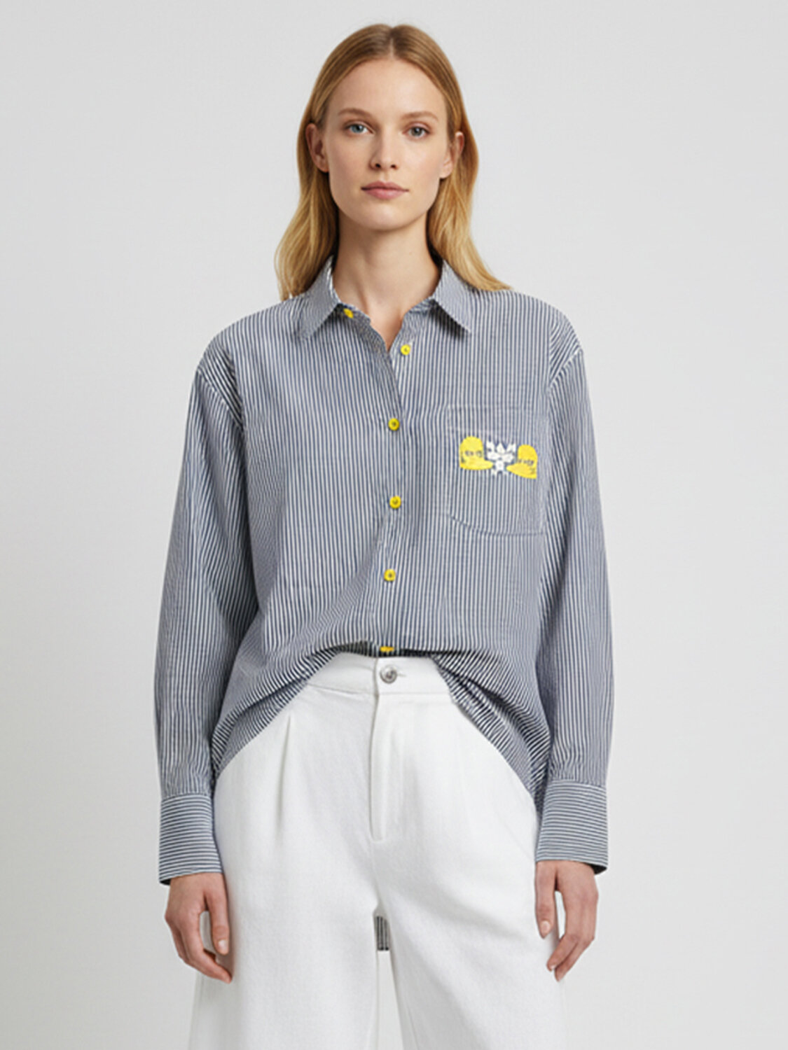 Lacivert Pamuk Dokulu Oversize Gömlek