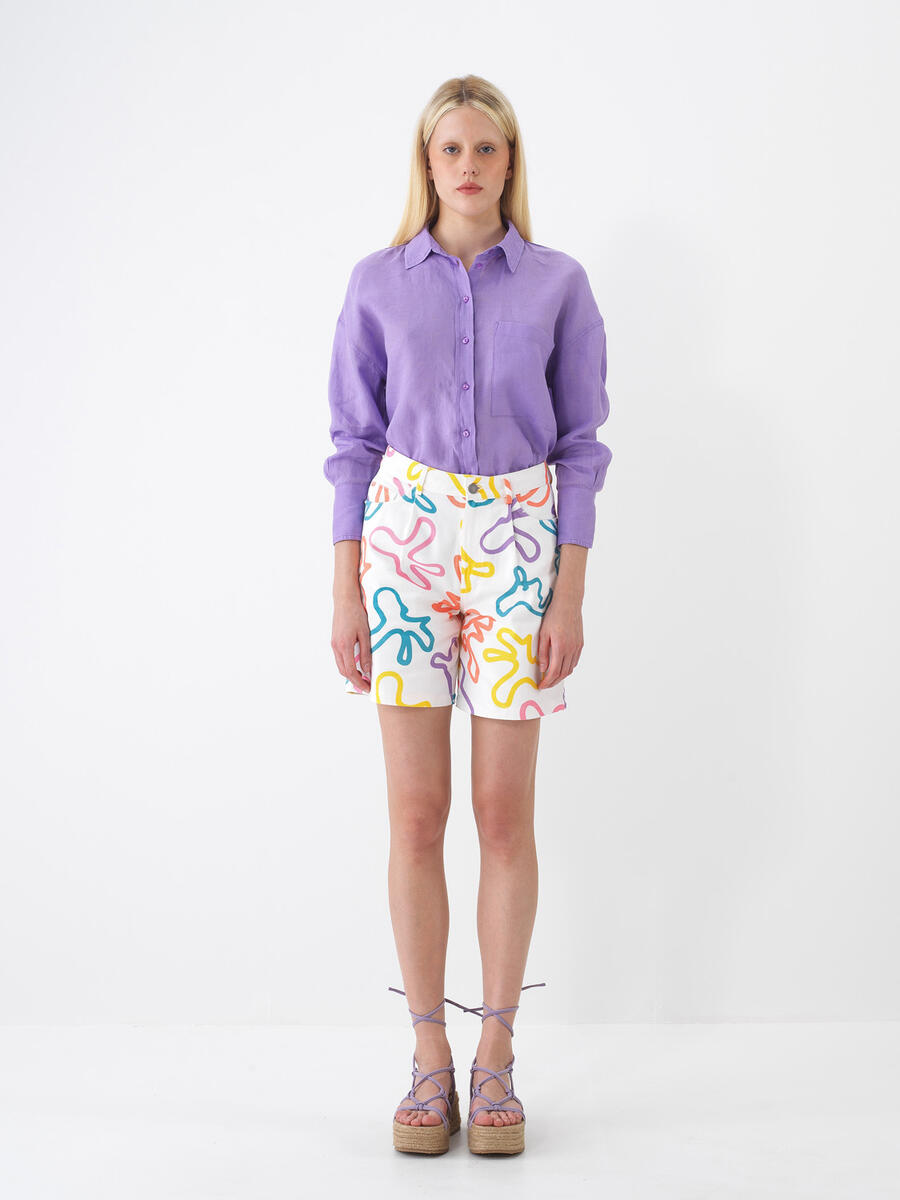 Lila %100 Keten Oversize Gömlek - 2