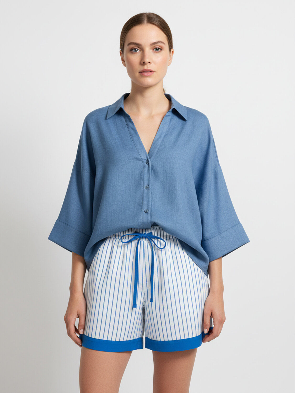 Mavi %100 Keten Oversize Gömlek