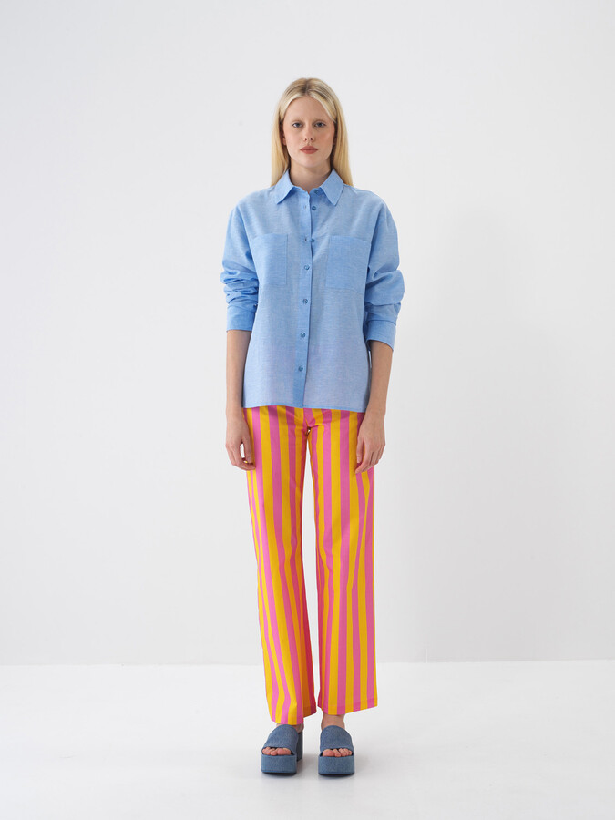 Mavi Keten Karışımlı Oversize Gömlek (1)