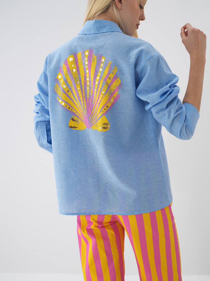 Mavi Keten Karışımlı Oversize Gömlek