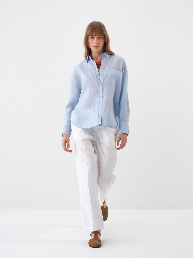 Mavi %100 Keten Oversize Gömlek (1)