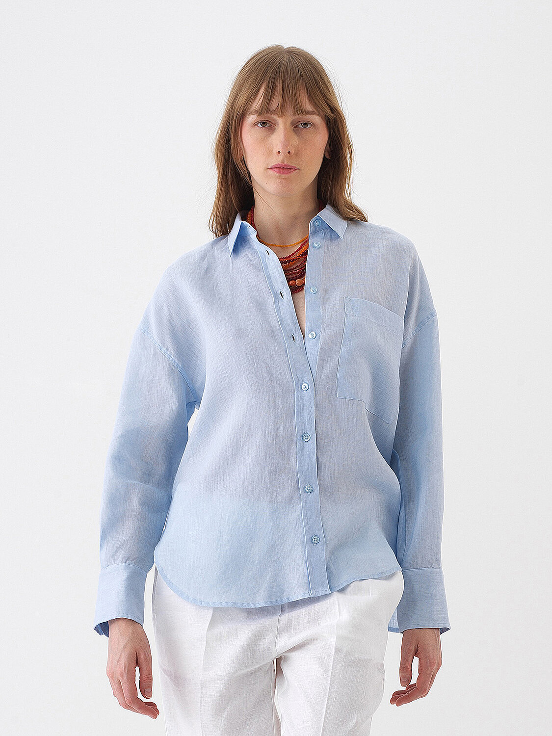 Mavi %100 Keten Oversize Gömlek