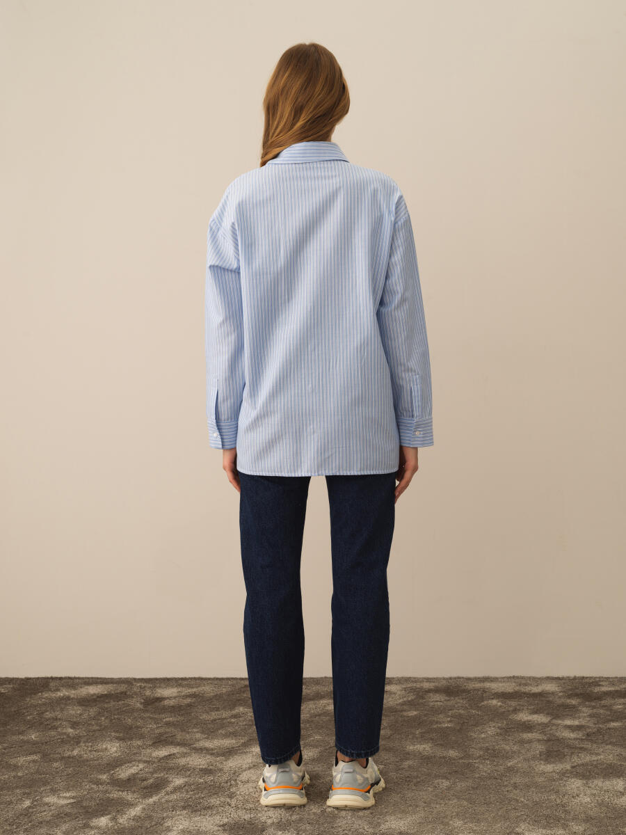 Mavi Pamuk Dokulu Oversize Gömlek - 4