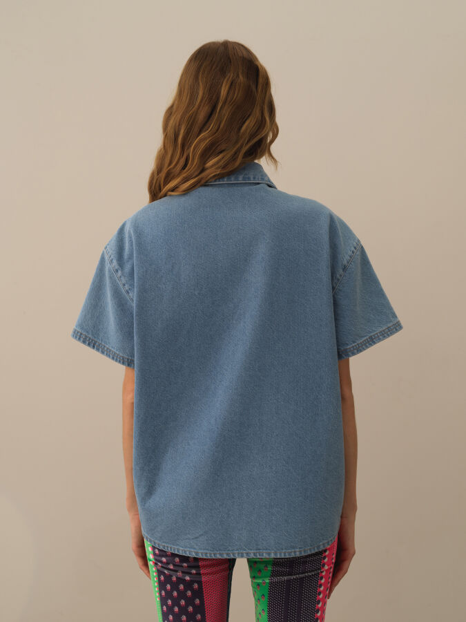 Mavi Pamuk Dokulu Oversize Gömlek - Xint