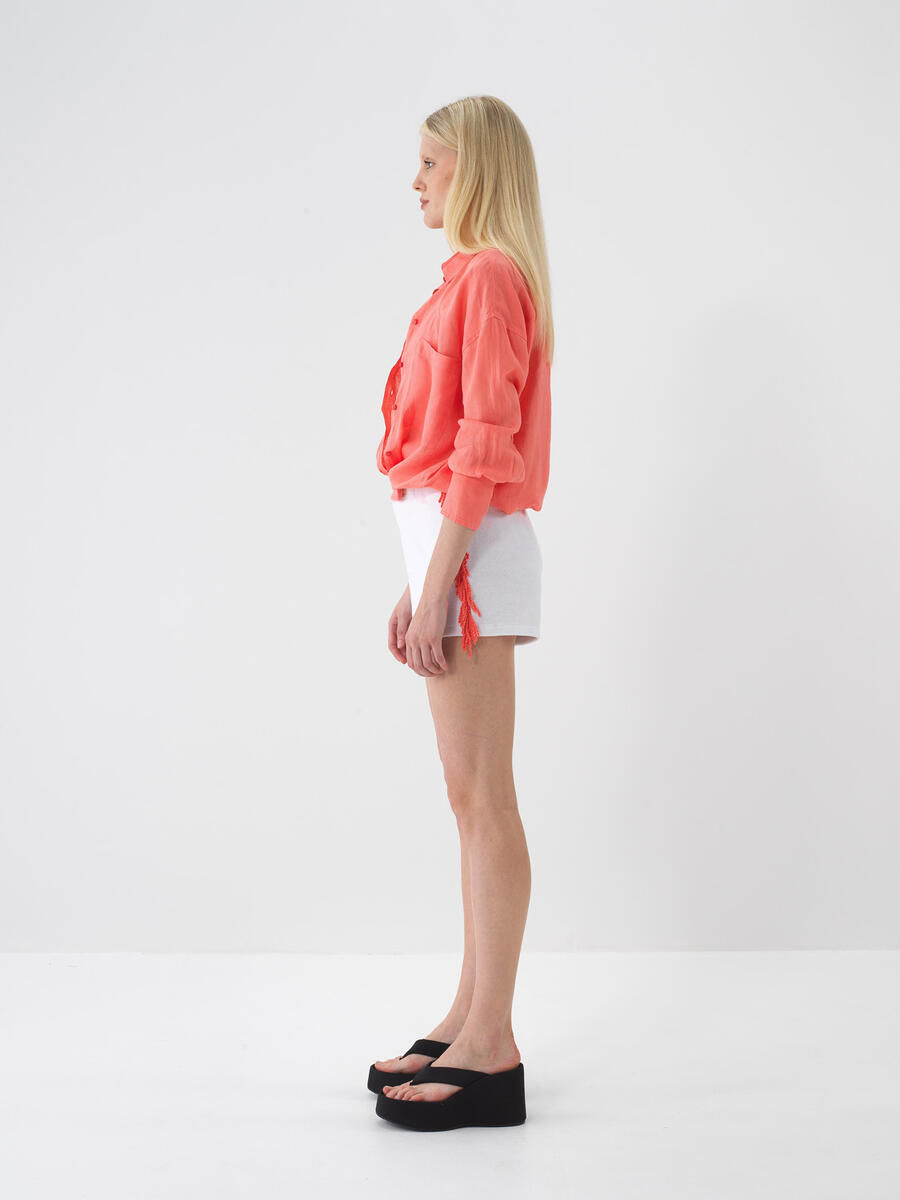 Nar Çiçeği %100 Keten Oversize Gömlek - 4