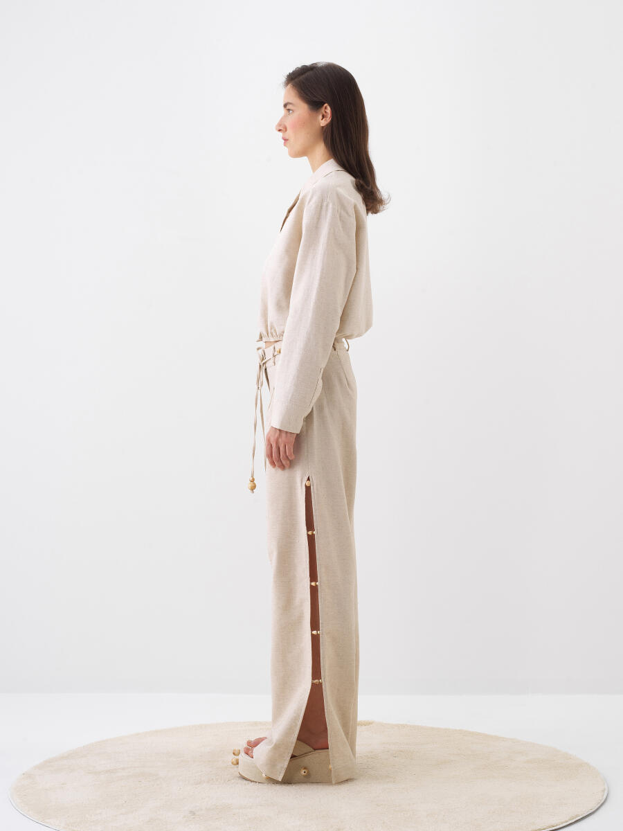 Naturel Keten Karışımlı Oversize Gömlek - 3