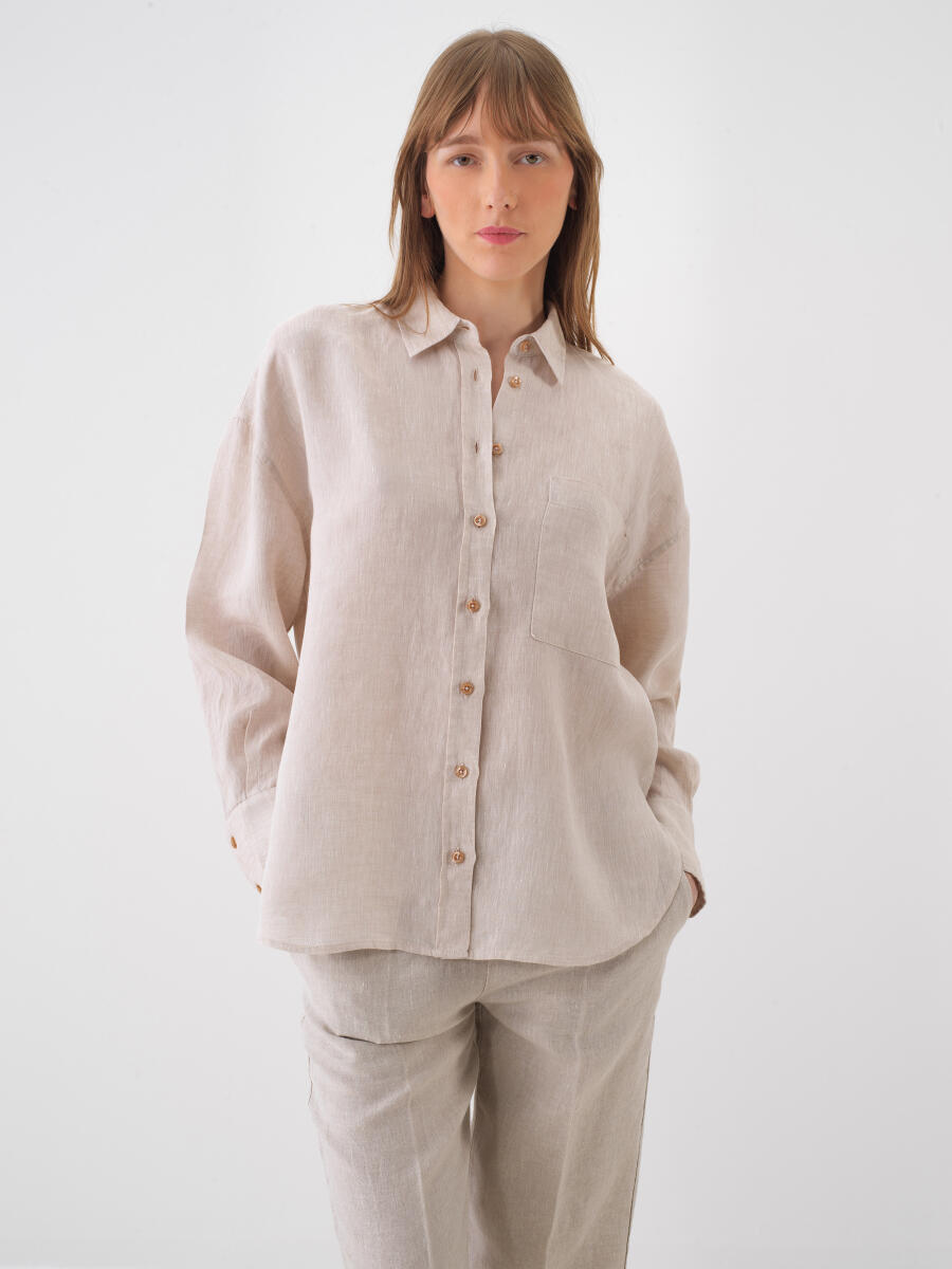 Naturel %100 Keten Oversize Gömlek - 3