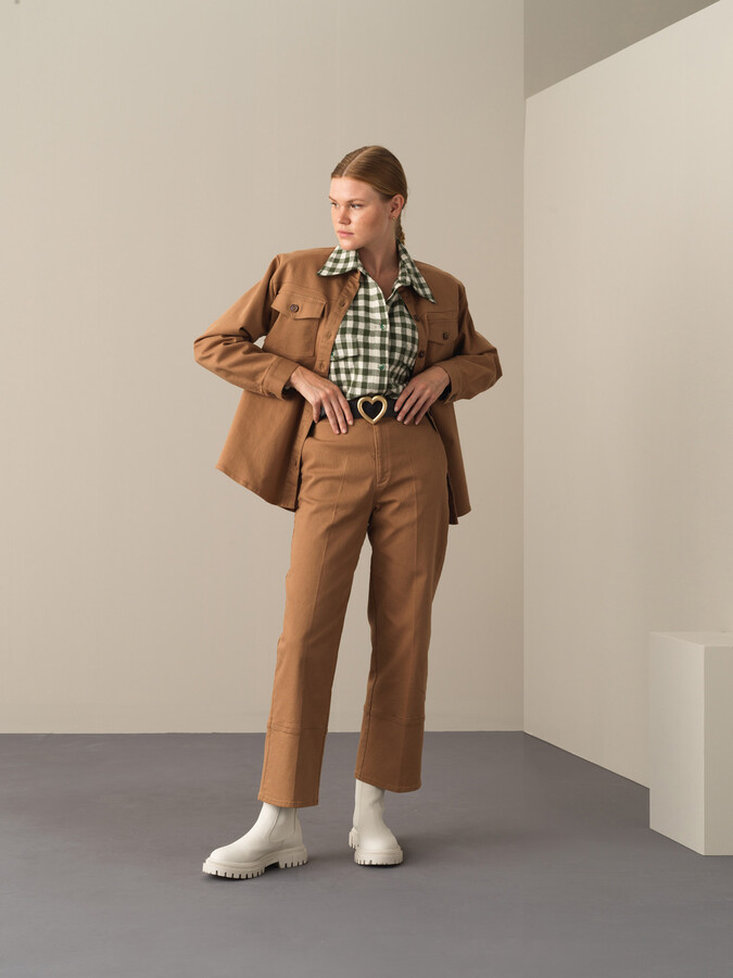 Camel Pamuk Dokulu Oversize Cepli Gömlek Ceket - Xint