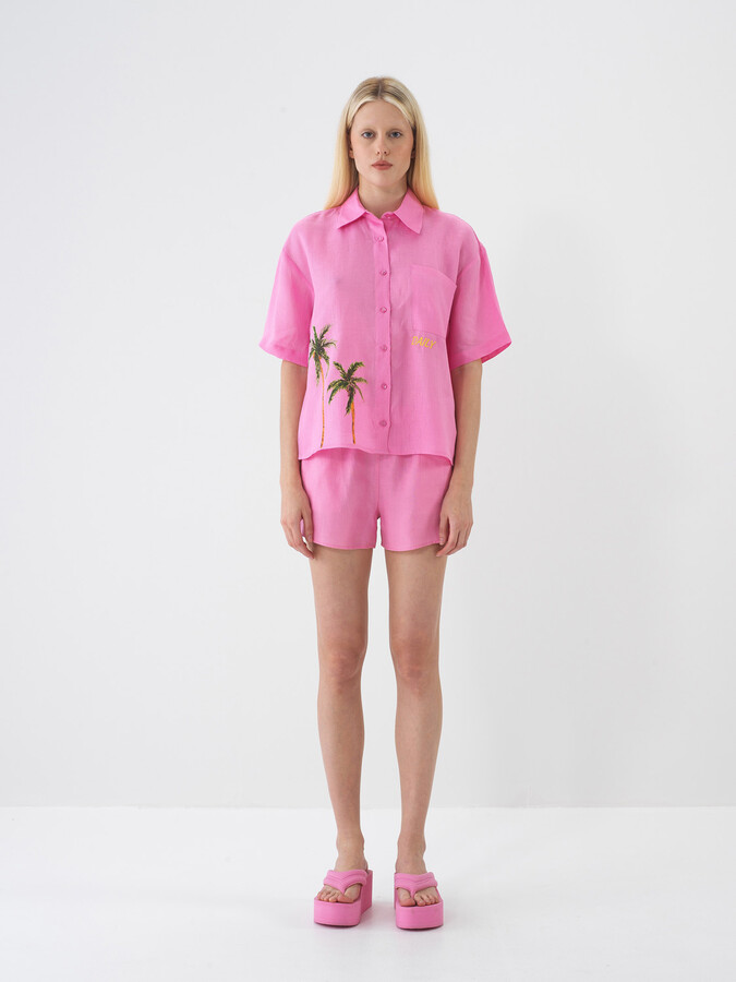 Pembe %100 Keten Oversize Gömlek (1)