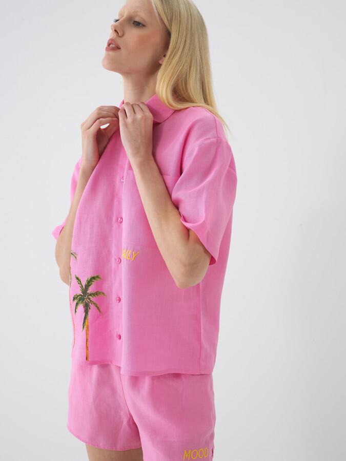 Pembe %100 Keten Oversize Gömlek