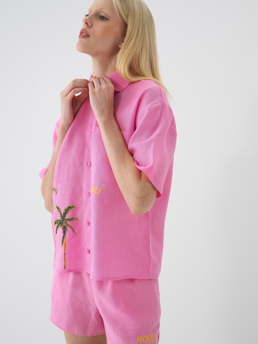 Pembe %100 Keten Oversize Gömlek - 1