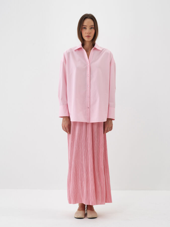 Pembe Pamuk Dokulu Oversize Gömlek - Xint