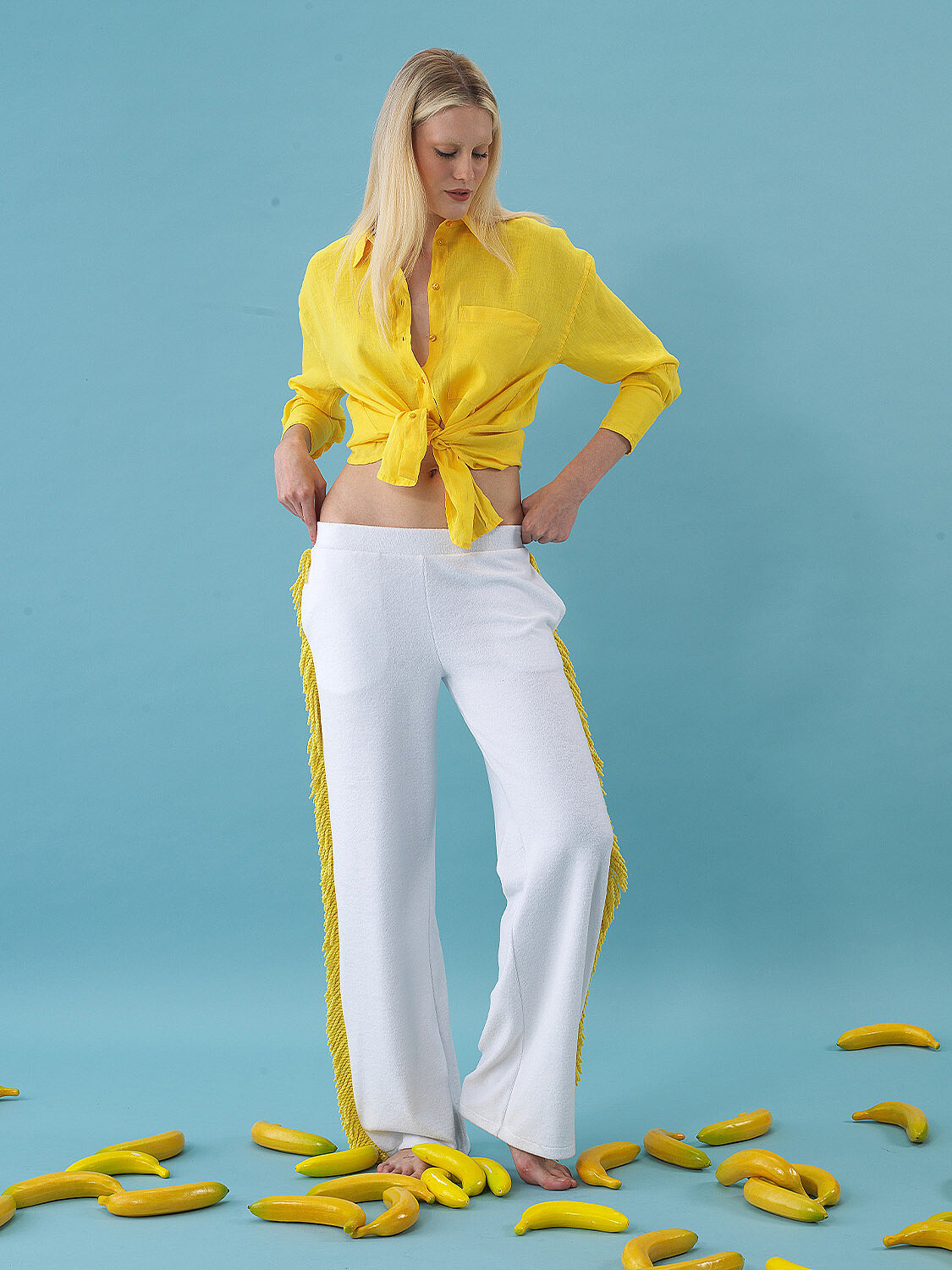 Sarı %100 Keten Oversize Gömlek