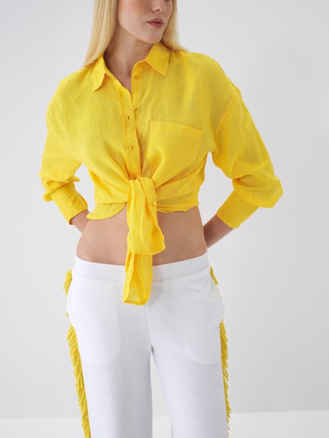 Sarı %100 Keten Oversize Gömlek (1)