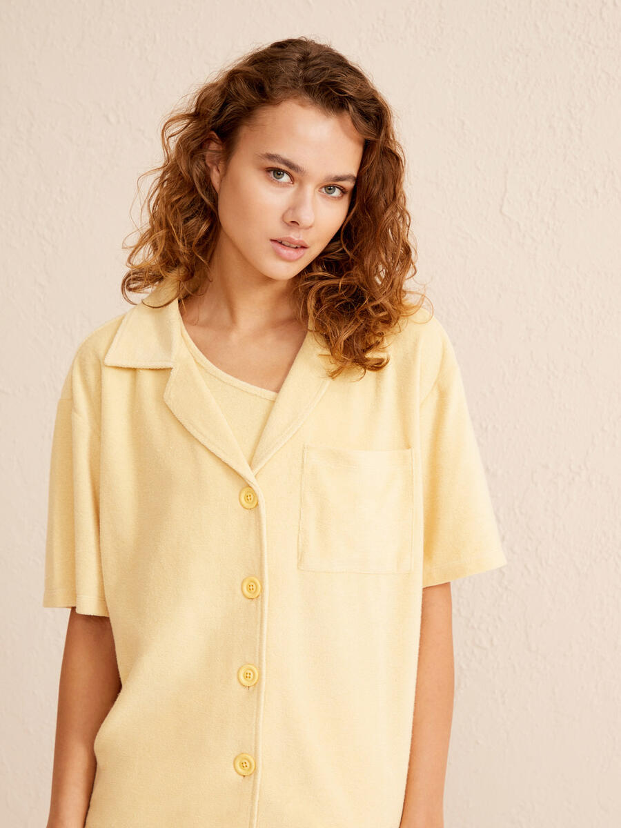 Sarı Oversize Pamuklu Havlu Gömlek - 2