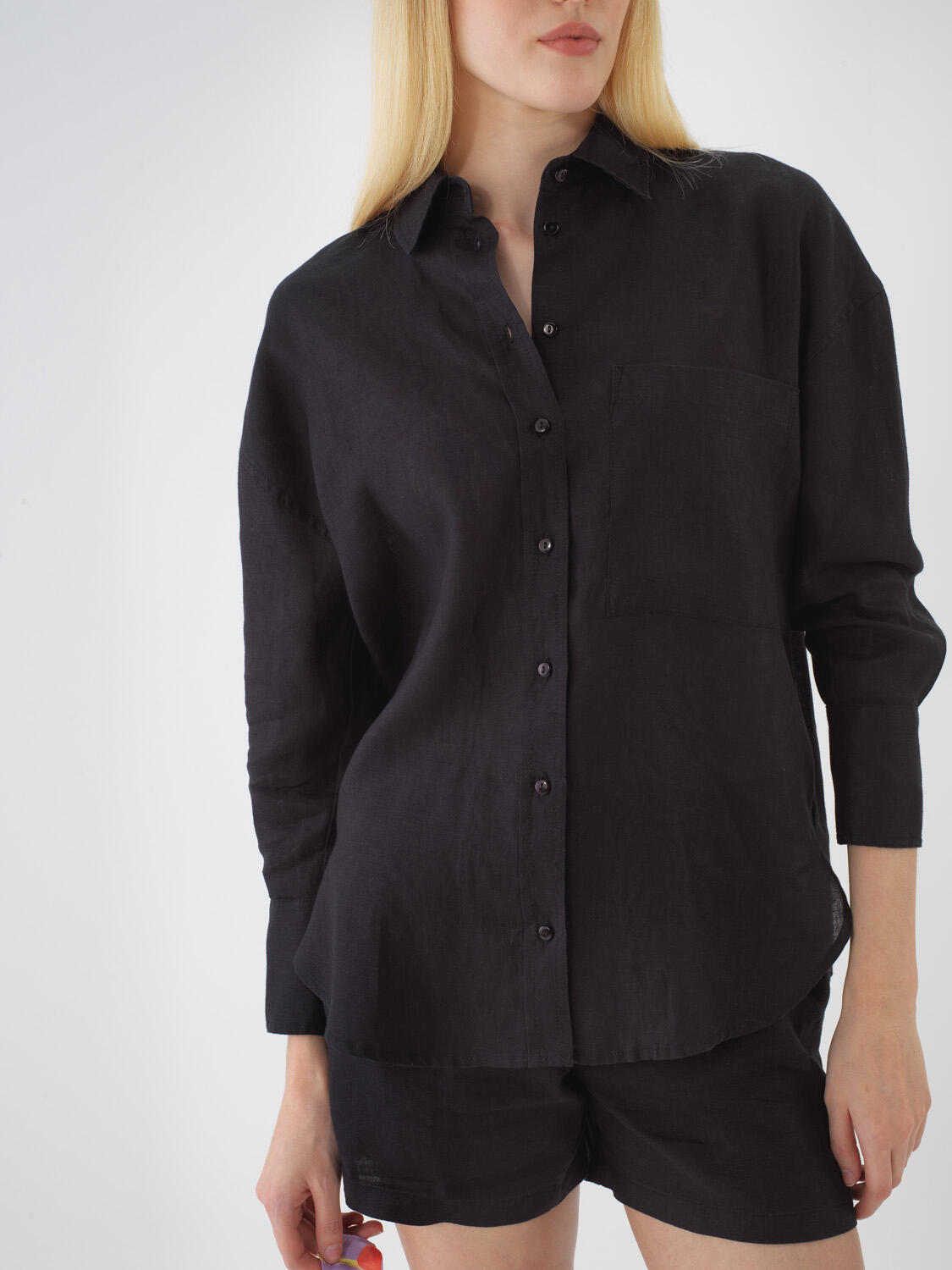 Siyah %100 Keten Oversize Gömlek