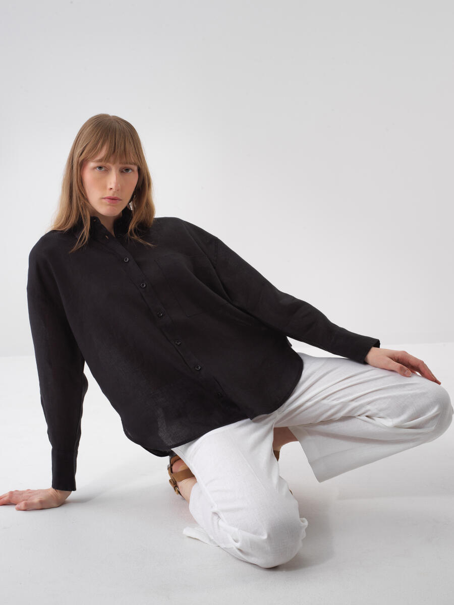 Siyah %100 Keten Oversize Gömlek - 1