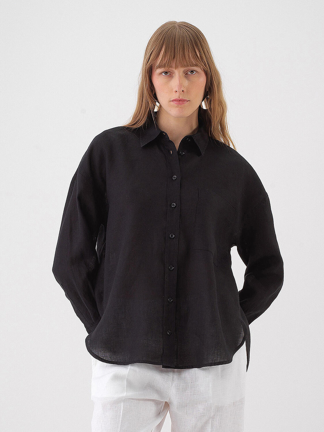 Siyah %100 Keten Oversize Gömlek - 1