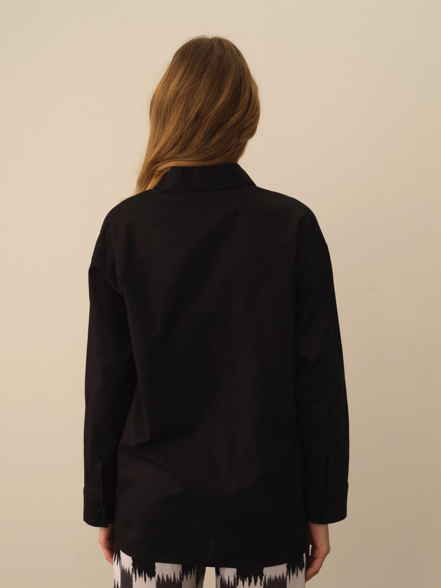 Siyah Pamuk Dokulu Oversize Gömlek - 3