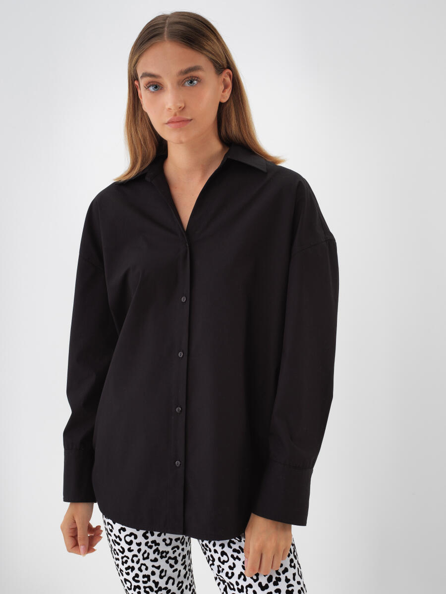 Siyah Pamuk Dokulu Oversize Gömlek