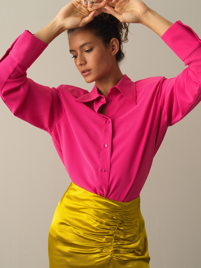 Fuşya Pamuk Dokulu Vatkalı Oversize Gömlek - Xint