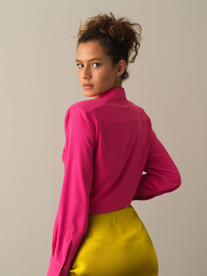 Fuşya Pamuk Dokulu Vatkalı Oversize Gömlek - Xint