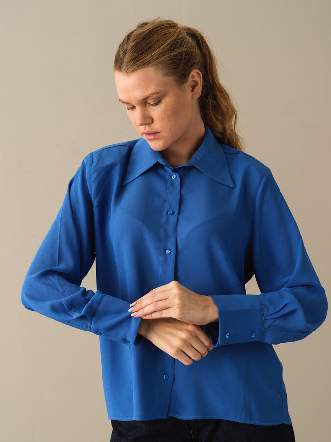 Mavi Pamuk Dokulu Vatkalı Oversize Gömlek - Xint