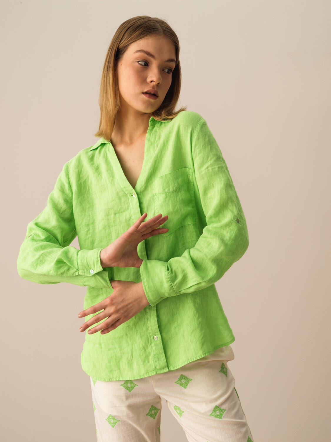 Yeşil %100 Keten Regular Fit Gömlek