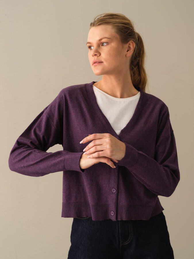 Mor Slim Fit Açık V Yaka Pamuk Hırka - 3