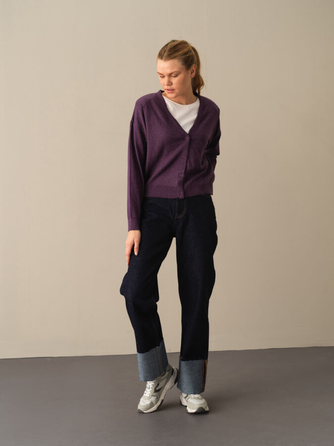 Mor Slim Fit Açık V Yaka Pamuk Hırka (1)