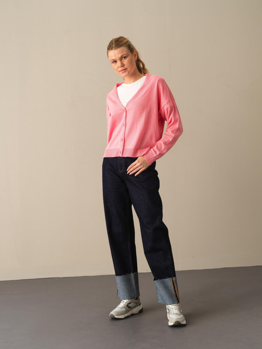 Pembe Slim Fit Açık V Yaka Pamuk Hırka - 2