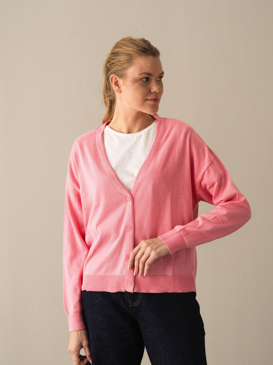 Pembe Pamuk Dokulu Slim Fit Hırka 