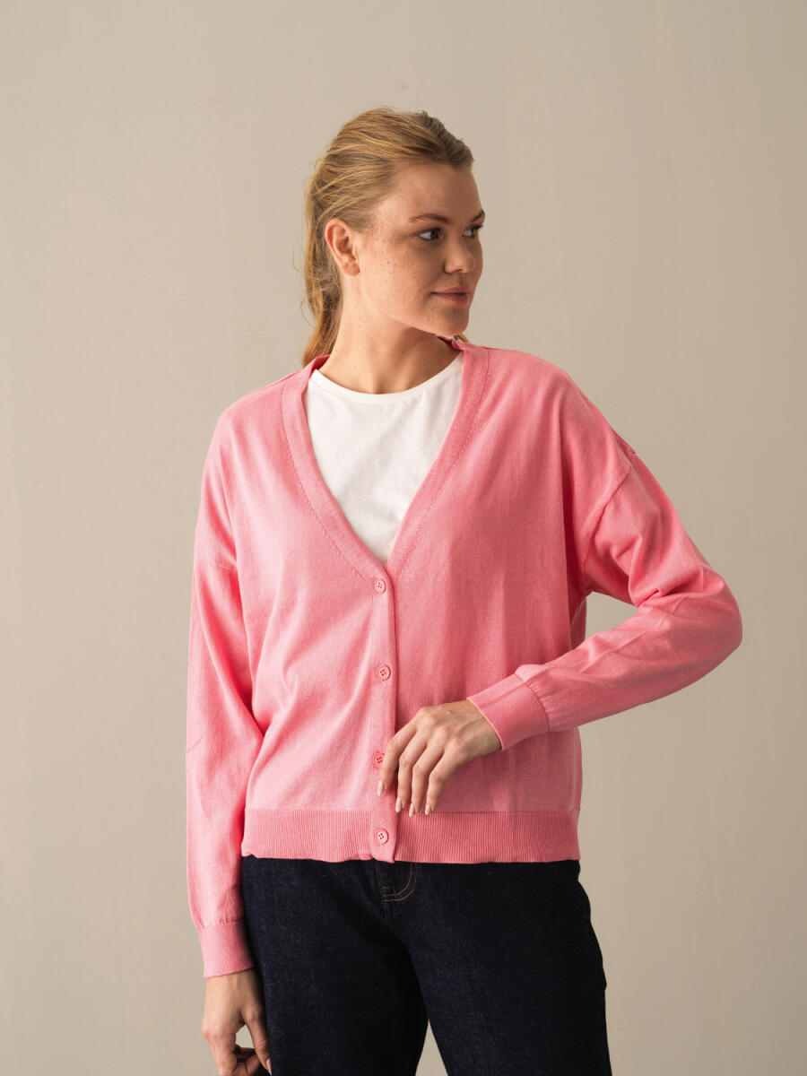Pembe Slim Fit Açık V Yaka Pamuk Hırka - 3