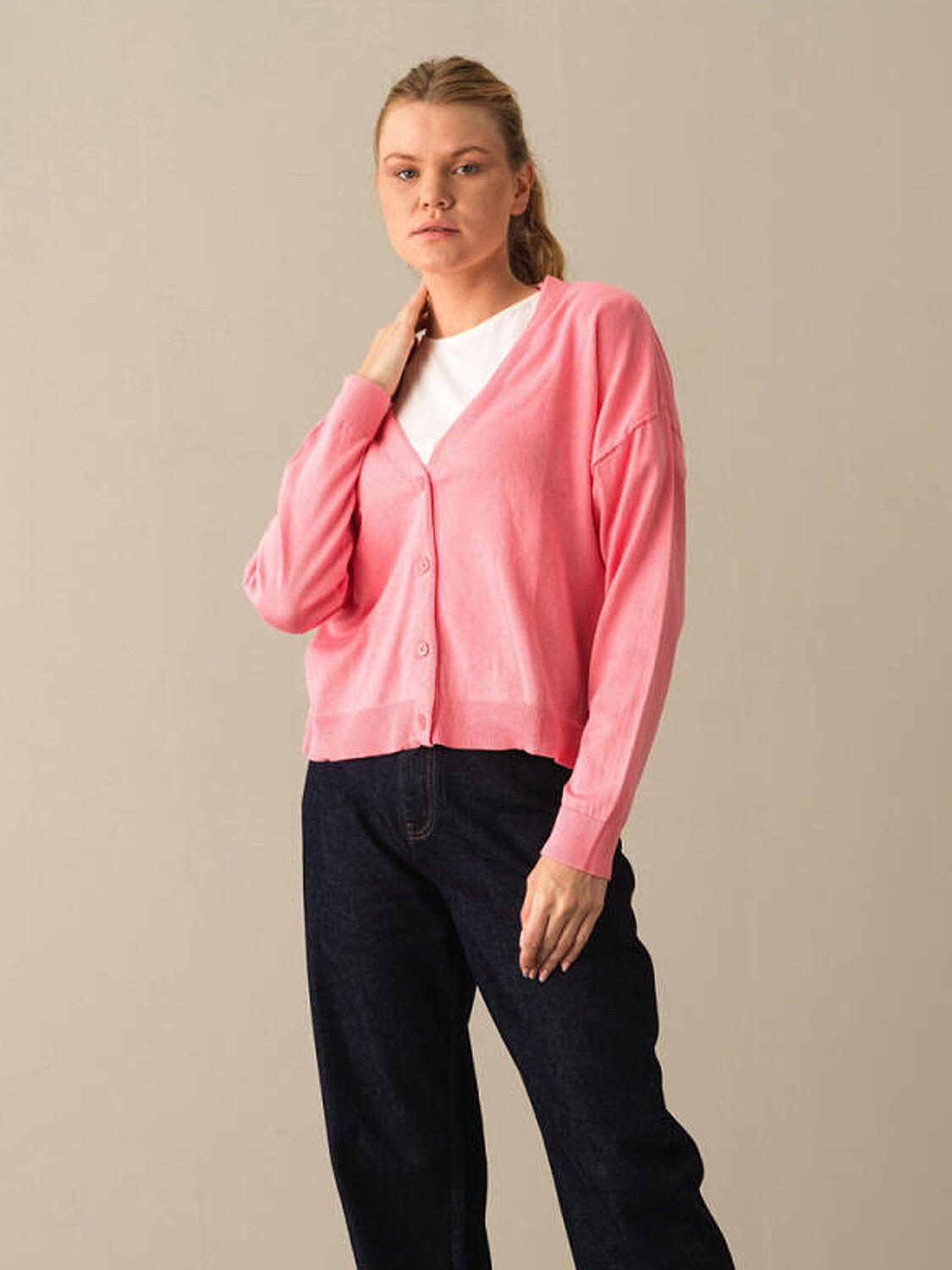 Pembe Slim Fit Açık V Yaka Pamuk Hırka - 1