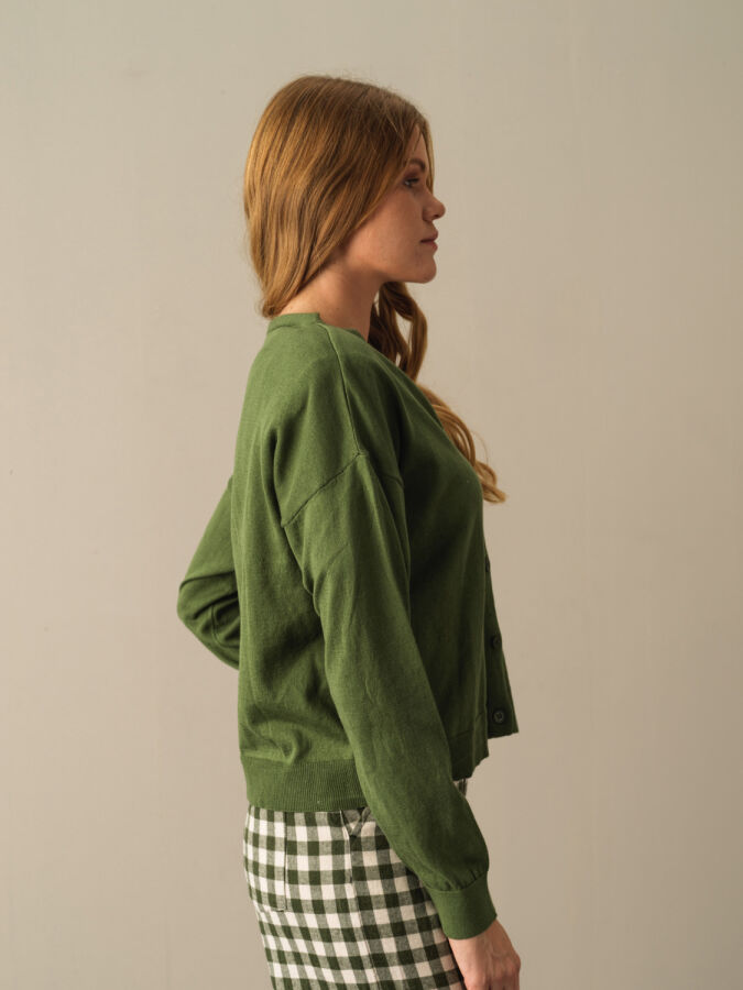 Yeşil Pamuk Dokulu Slim Fit Hırka - Xint