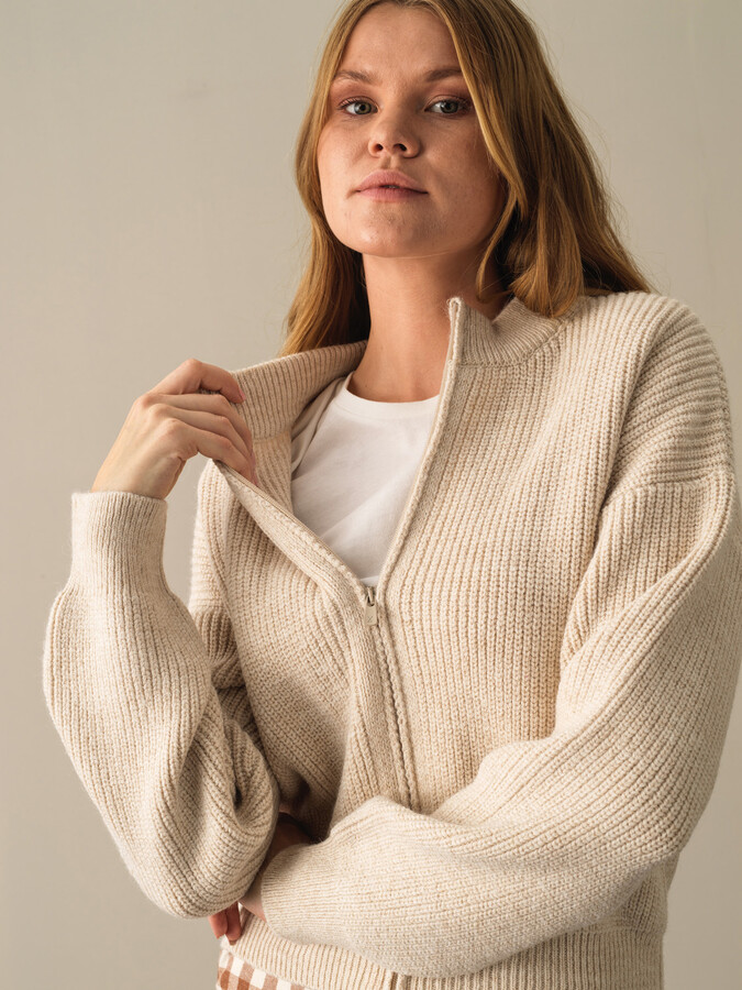 Bej Pamuk Dokulu Oversize Hırka - Xint