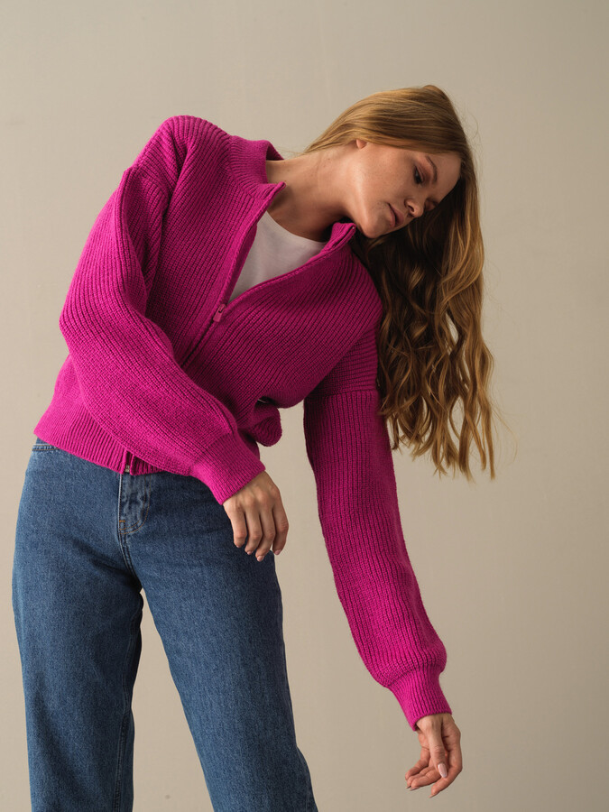 Fuşya Pamuk Dokulu Oversize Hırka - Xint