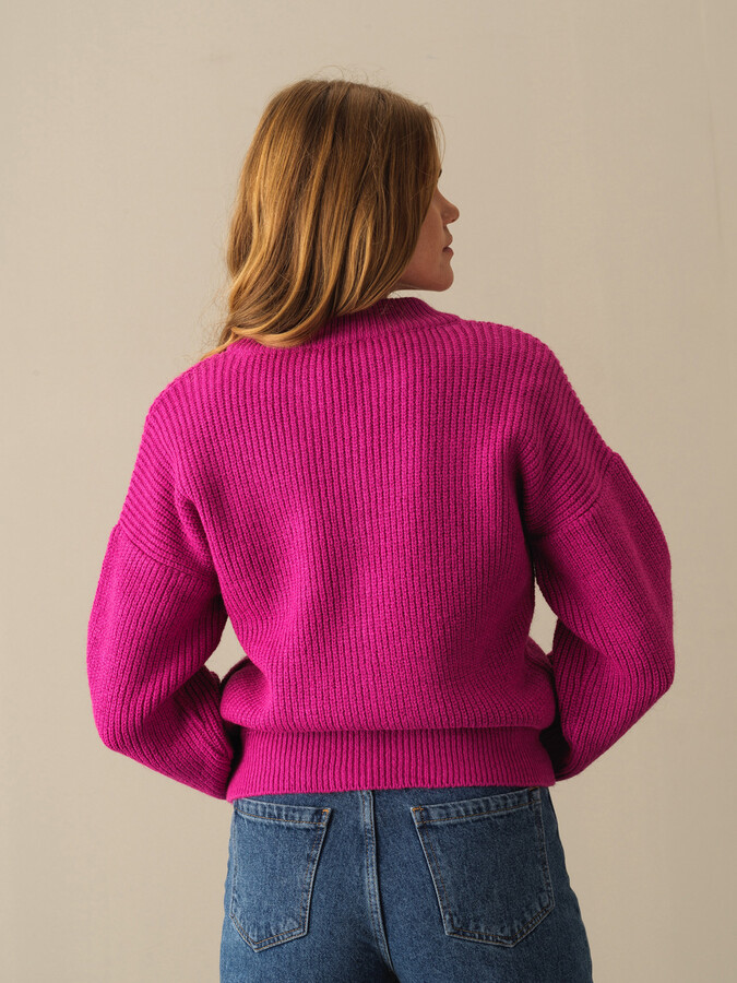 Fuşya Pamuk Dokulu Oversize Hırka - Xint