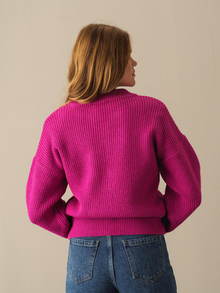 Fuşya Pamuk Dokulu Oversize Hırka - 4