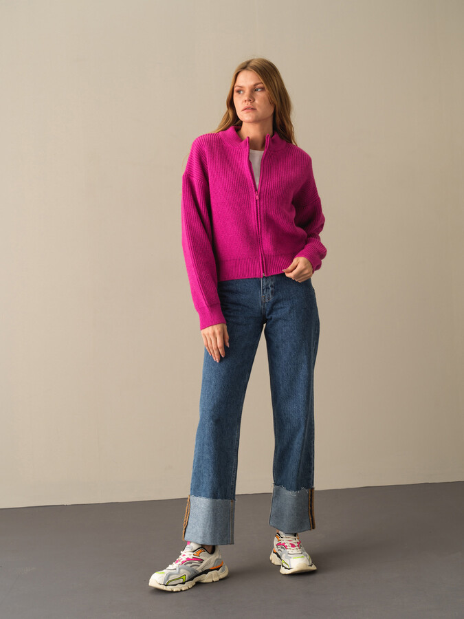 Fuşya Pamuk Dokulu Oversize Hırka - Xint