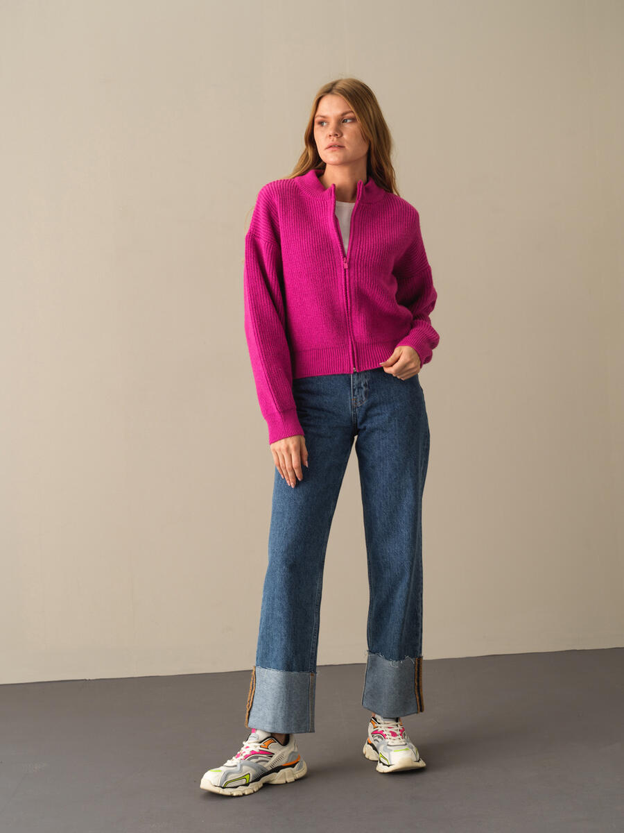 Fuşya Pamuk Dokulu Oversize Hırka - 2