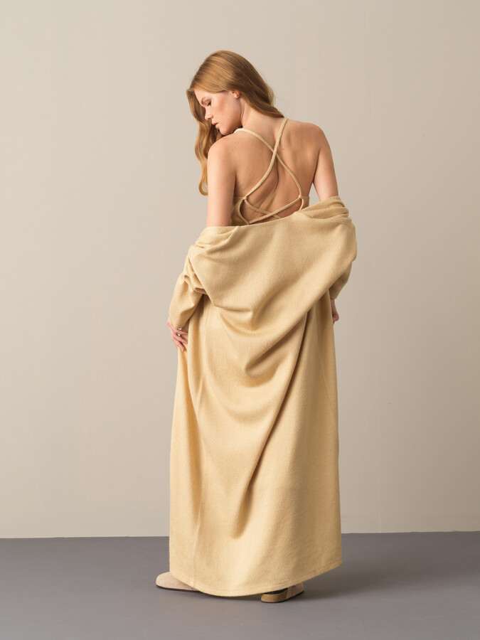 Bej Oversize Açık V Yaka Uzun Hırka - 3